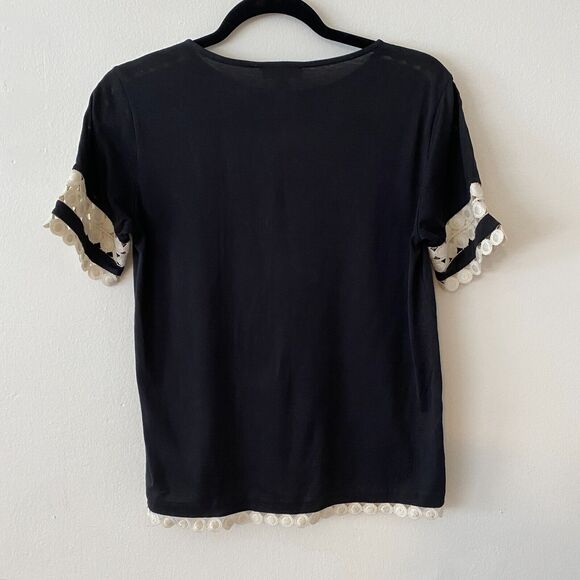 J Crew Comfy Black and Cream Embroidery Stitch Circles Sleeve Hem Design Top XXS - Picture 3 of 11